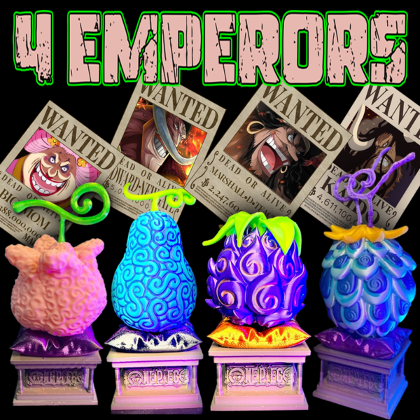 A One Piece-themed collector’s set featuring four miniature Devil Fruits inspired by the Four Emperors of the Sea. A must-have for anime collectors and fans of the legendary pirates.