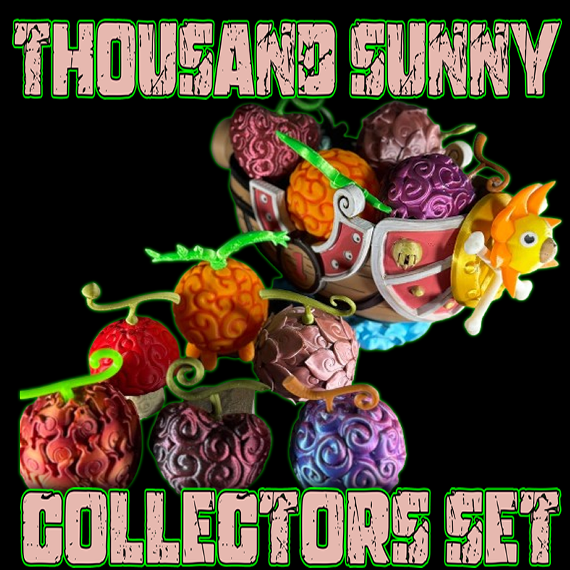 A One Piece-themed collector’s set featuring a Thousand Sunny fruit bowl and six miniature Devil Fruits, designed for fans of the iconic anime. Perfect for display and collectors alike.
