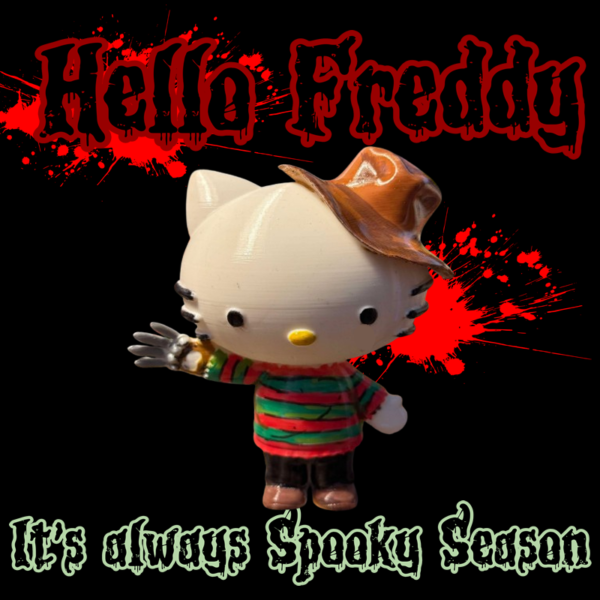 Alt Text: A Hello Kitty figure dressed as Freddy Krueger, featuring his iconic striped sweater, clawed glove, and fedora. A cute yet creepy twist on a horror classic.