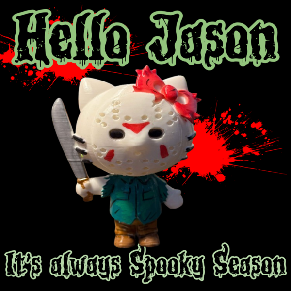 A Hello Kitty figure dressed as Jason Voorhees, complete with a hockey mask, machete, and eerie slasher vibes. The perfect mix of cute and terrifying.