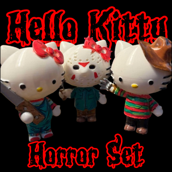 A collectible set featuring Hello Kitty dressed as Freddy Krueger, Jason Voorhees, and Chucky. The ultimate spooky crossover for horror and Hello Kitty fans