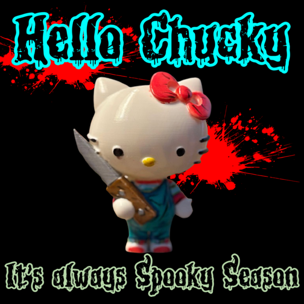 Alt Text: A Hello Kitty figure dressed as Chucky, complete with overalls, a striped shirt, and a tiny toy knife. A perfect horror-themed collectible for fans of Child’s Play.
