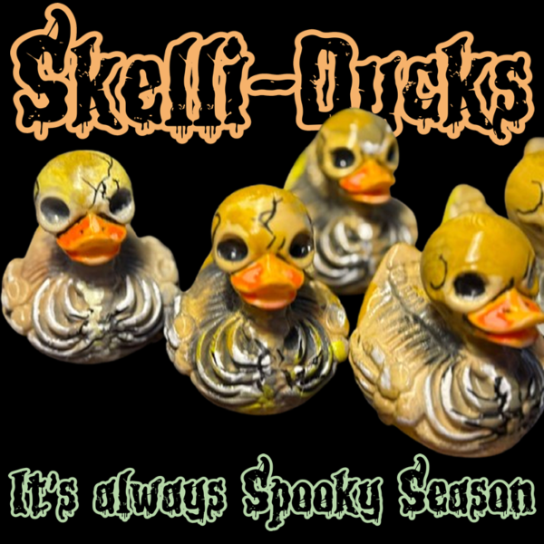 Alt Text: A set of skeletal rubber duckies with a macabre twist, featuring bone-like details and eerie charm. Perfect for horror fans and spooky decor lovers.
