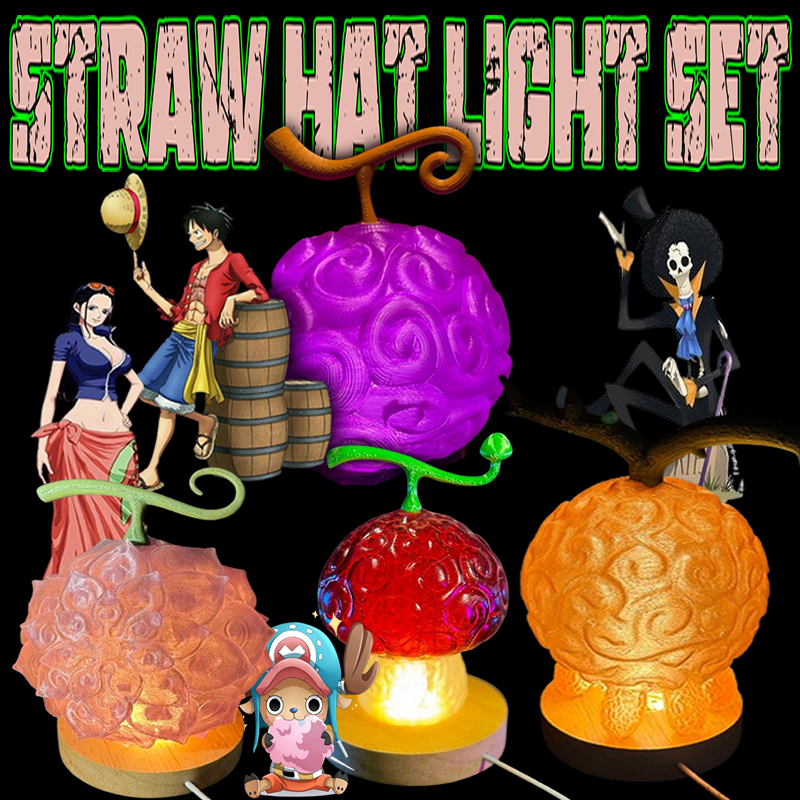A One Piece-themed light-up collector’s set featuring Devil Fruits inspired by the Straw Hat Pirates. Each fruit glows, making it a perfect display piece for anime fans.