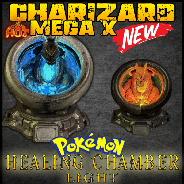 Mega Charizard Healing Chamber LED Light with color-changing glow and modular display stand for Pokémon collectors