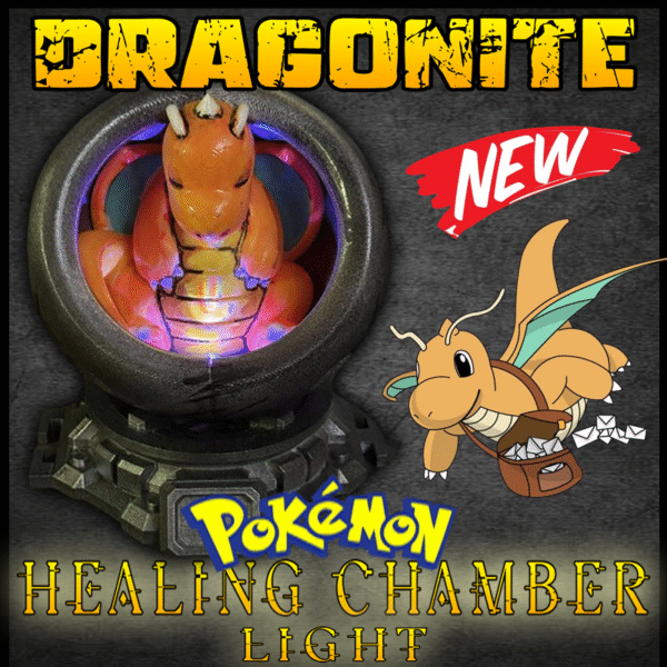 Dragonite Healing Chamber LED Light with glowing LED colors and modular stand display