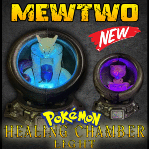 Mewtwo Healing Chamber LED Light with intense purple color-changing glow and modular display base