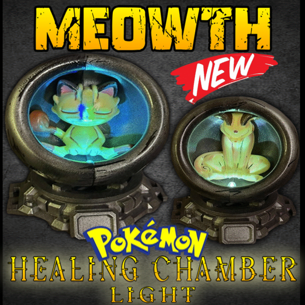 Meowth Healing Chamber LED Light with playful color-changing glow and modular display base